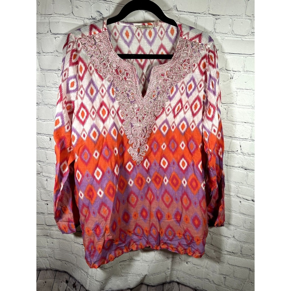 Soft Surroundings  Diamond Print Embroidered Crochet V-Neck Tunic Top Orange L